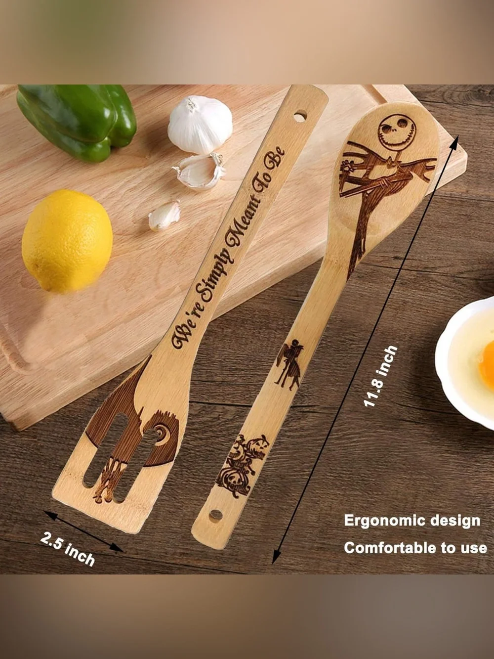 Nightmare Before Christmas Bamboo Kitchen Utensil Set with Engraved Designs